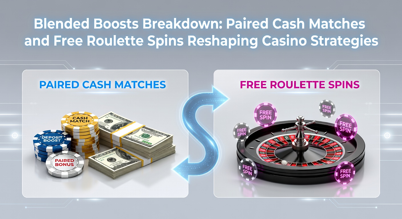 Vibrant casino interface showing a roulette wheel alongside stacked cash match bonuses and free spin icons, illustrating blended promotions in action