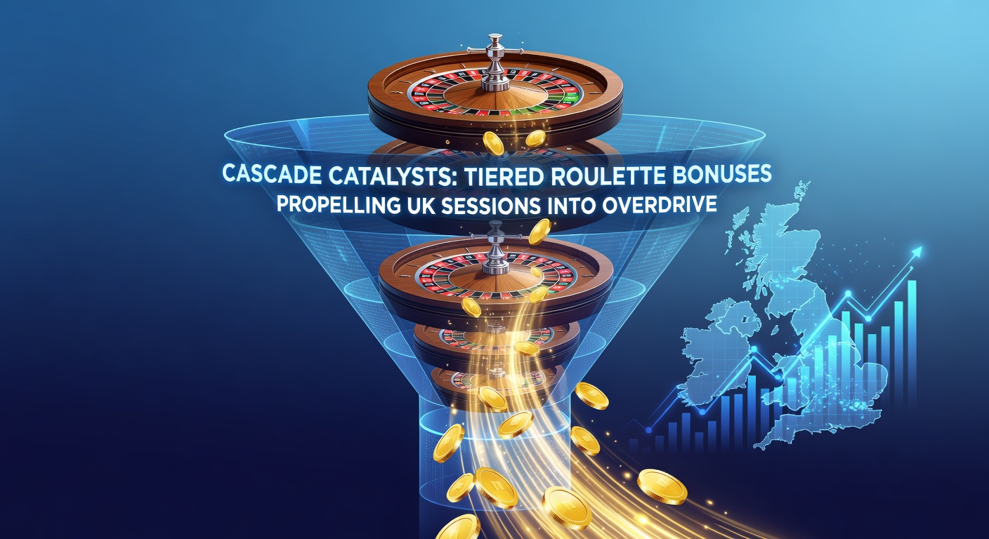 Vibrant roulette wheel with cascading bonus tiers illustrated in glowing layers, symbolizing escalating rewards in UK online casinos