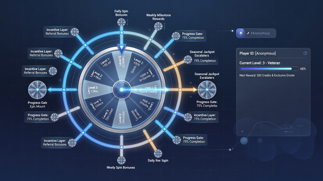 Infographic illustrating sample player progression tiers from bronze through platinum levels with corresponding incentive unlocks at virtual roulette tables