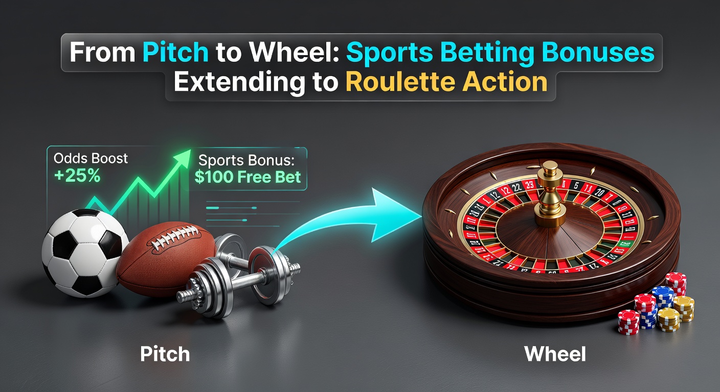 Graphic showing a football pitch morphing into a roulette wheel with bonus chips flying between them