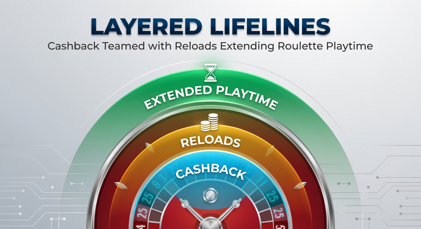 Vibrant roulette wheel surrounded by cashback and reload bonus icons, illustrating extended play strategies