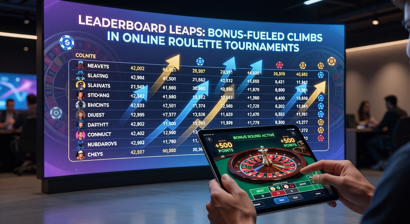 Close-up of a player's interface during a roulette tournament, displaying bonus bar filling up alongside a climbing leaderboard position