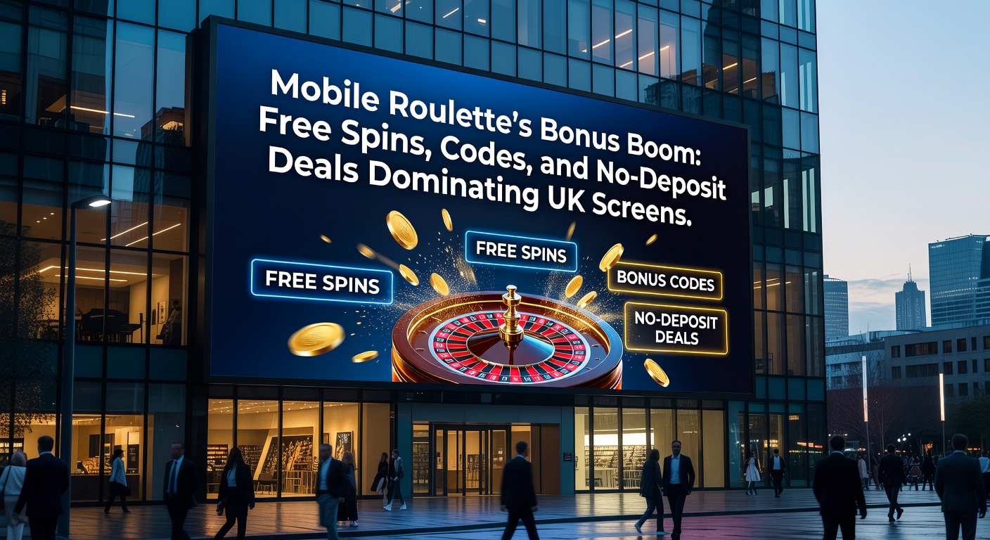 Vibrant mobile screen displaying a roulette wheel with bonus free spins overlay and no-deposit offer popping up
