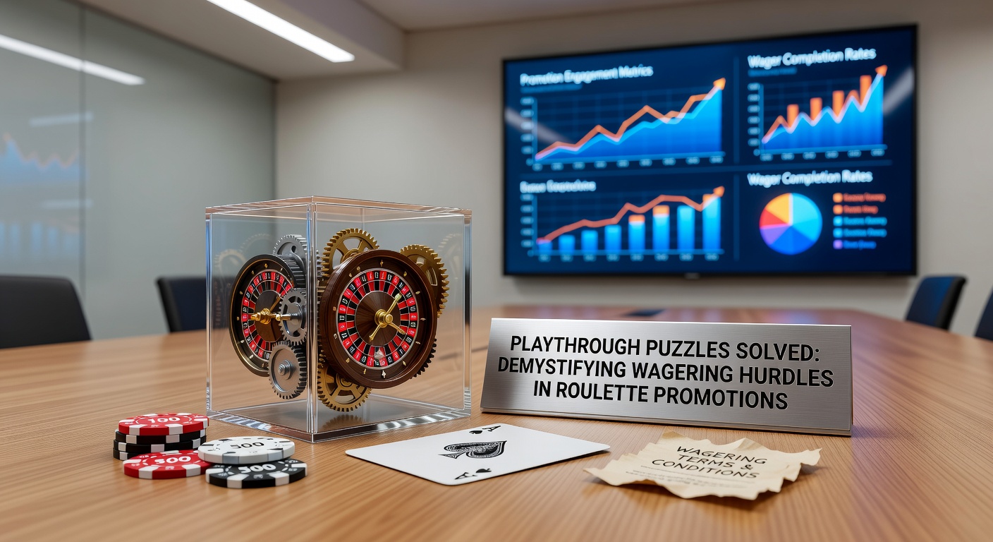 Dynamic roulette table setup with glowing bonus chips and wagering requirement icons overlayed, capturing the essence of promotional playthrough challenges