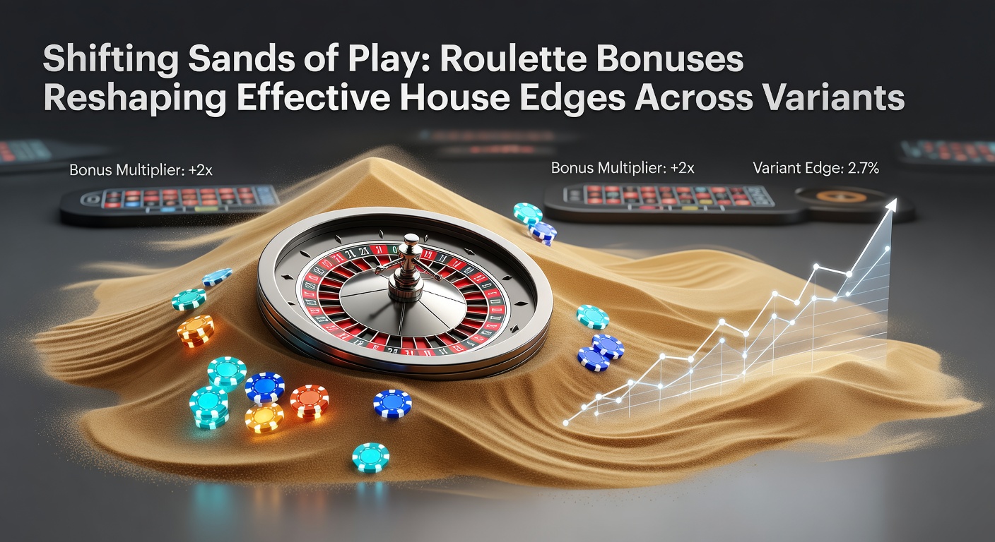 Vibrant roulette wheel with overlaid bonus icons illustrating shifting house edge dynamics across variants