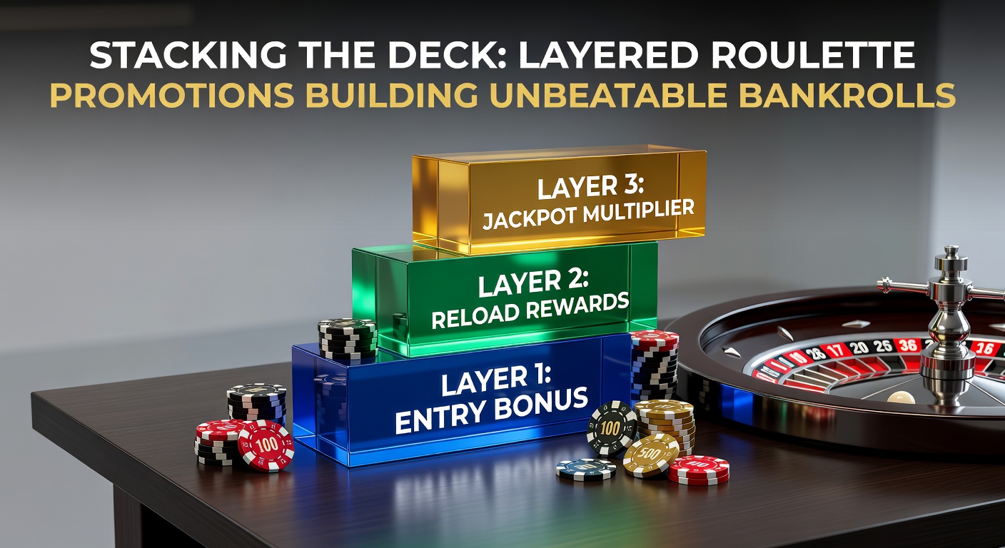 Visual representation of stacked roulette chips and bonus layers forming a towering bankroll structure