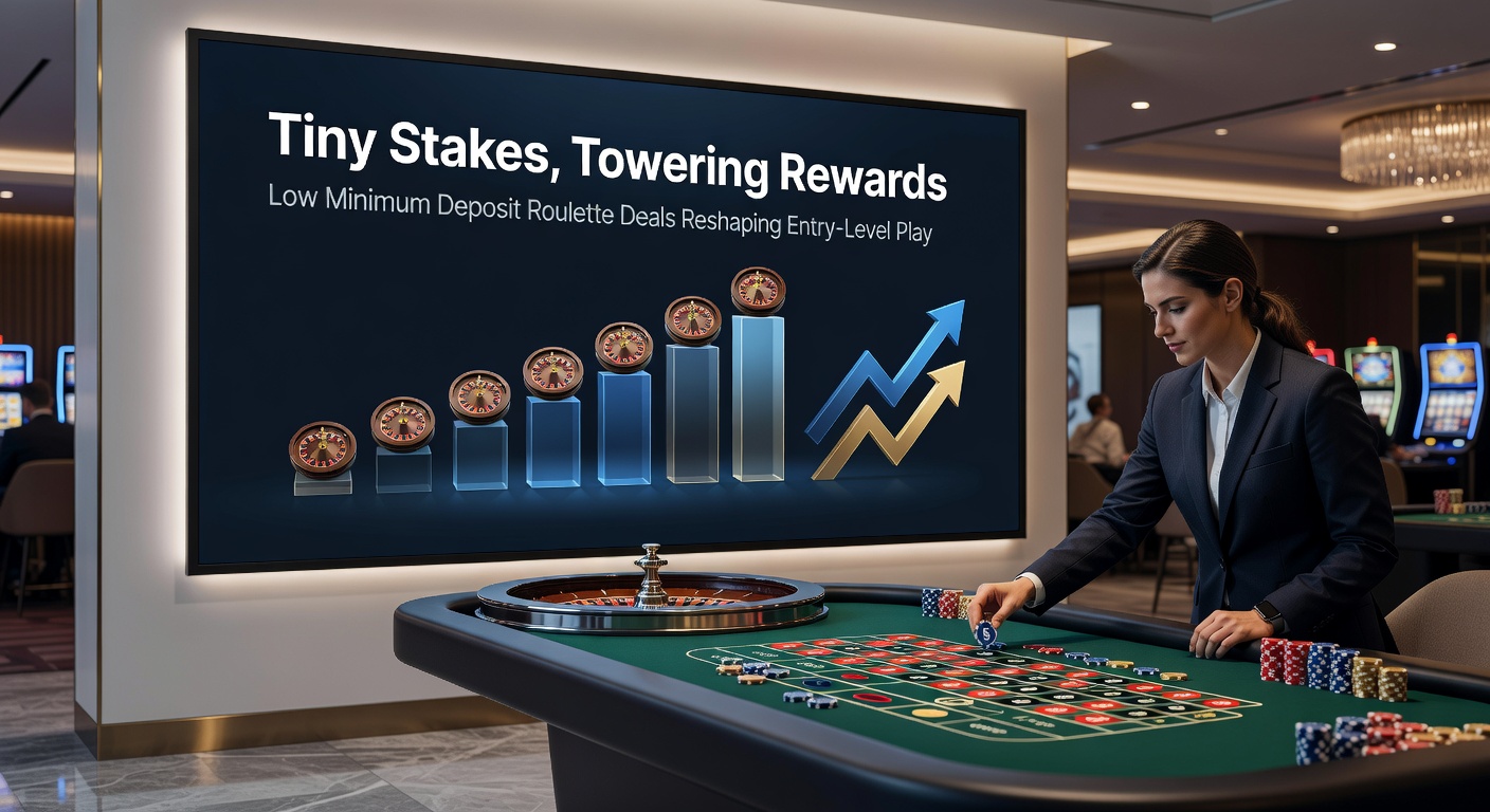 Charts and graphs illustrating rising player numbers and jackpot wins from low-deposit roulette promotions, with a backdrop of diverse entry-level gamblers celebrating small-stake triumphs