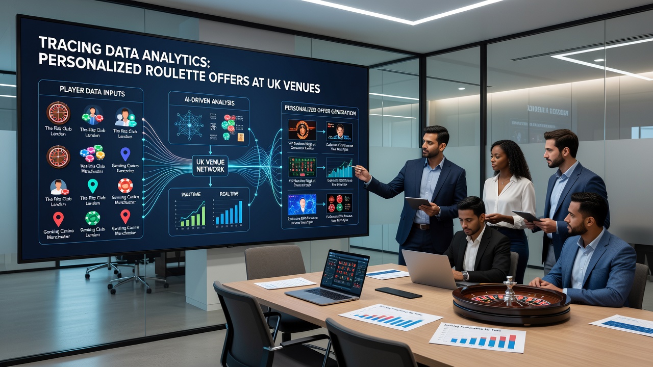Analytics team reviewing real-time roulette player segmentation reports on multiple screens in a UK casino control room