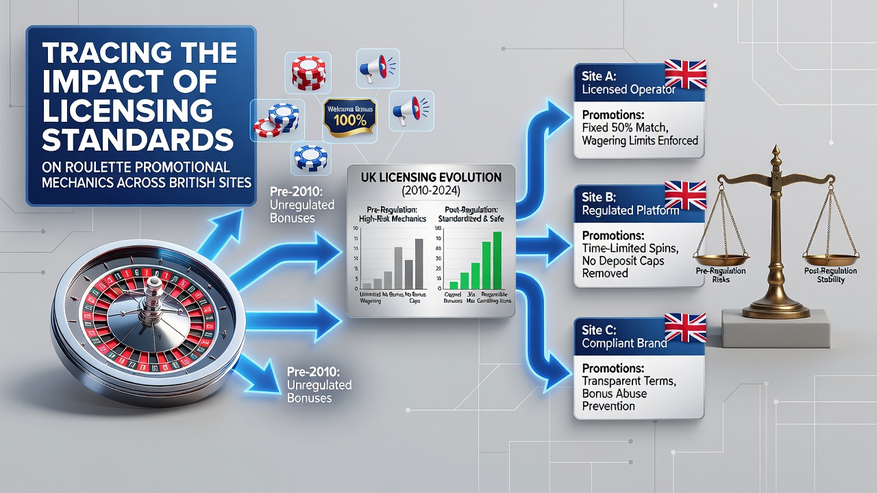 Roulette wheel and promotional graphics illustrating licensing effects on British site mechanics