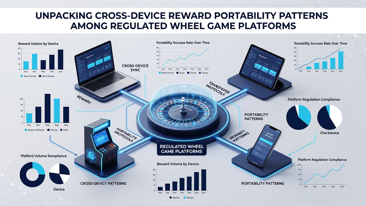 Detailed view of reward synchronization architecture linking multiple device types in regulated wheel game environments